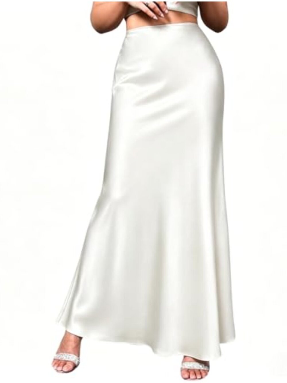 Elegant High Waist Flowy Satin Midi Skirt for Weddings Cocktail Parties